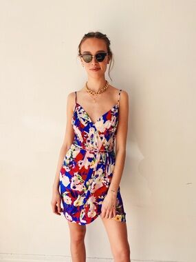 Designer Floral V-Neck Blue Multi-Color Slip Dress
